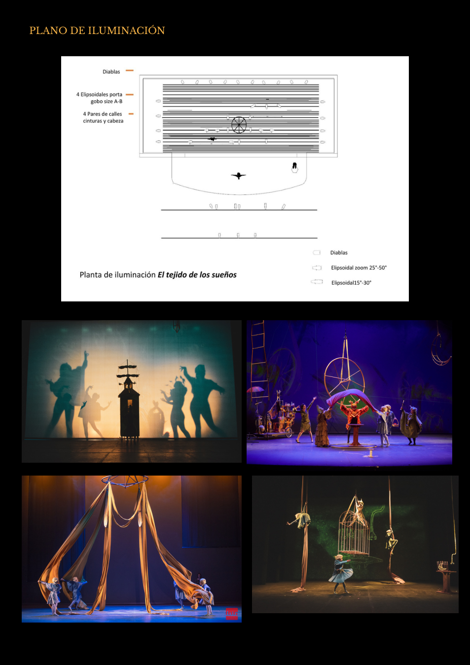 Página original del plano de iluminación de El Tejido de los Sueños, con la disposición de luminarias y cuatro fotografías de referencia.